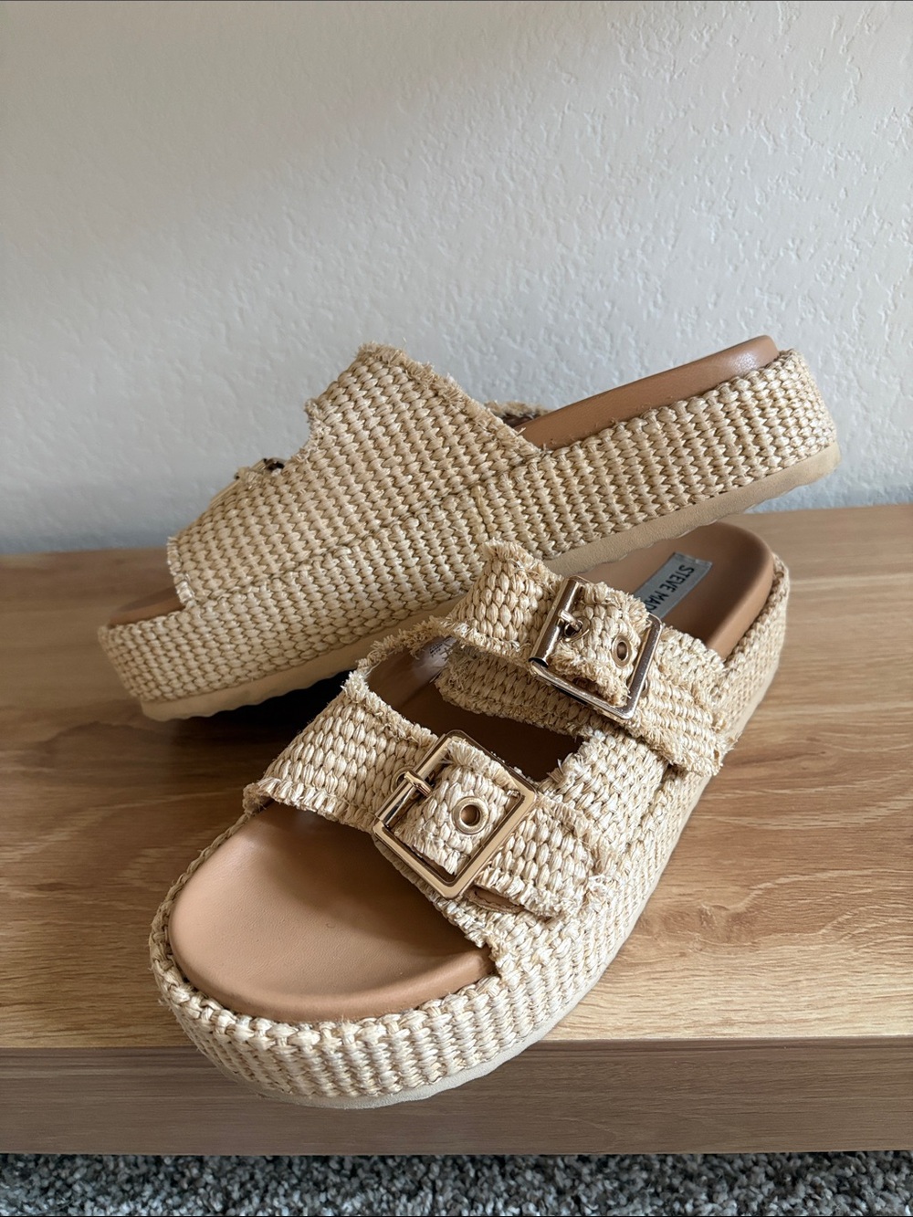 Steve Madden Natural Woven Dual Buckle Platform Slides - Picture 3 of 5